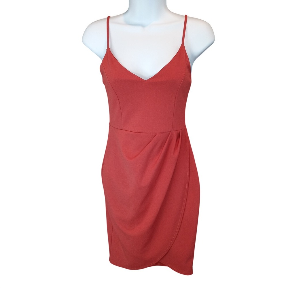 Lulus Coral Red Spaghetti Strap Bodycon Mini Dress Wrap Skirt Size S